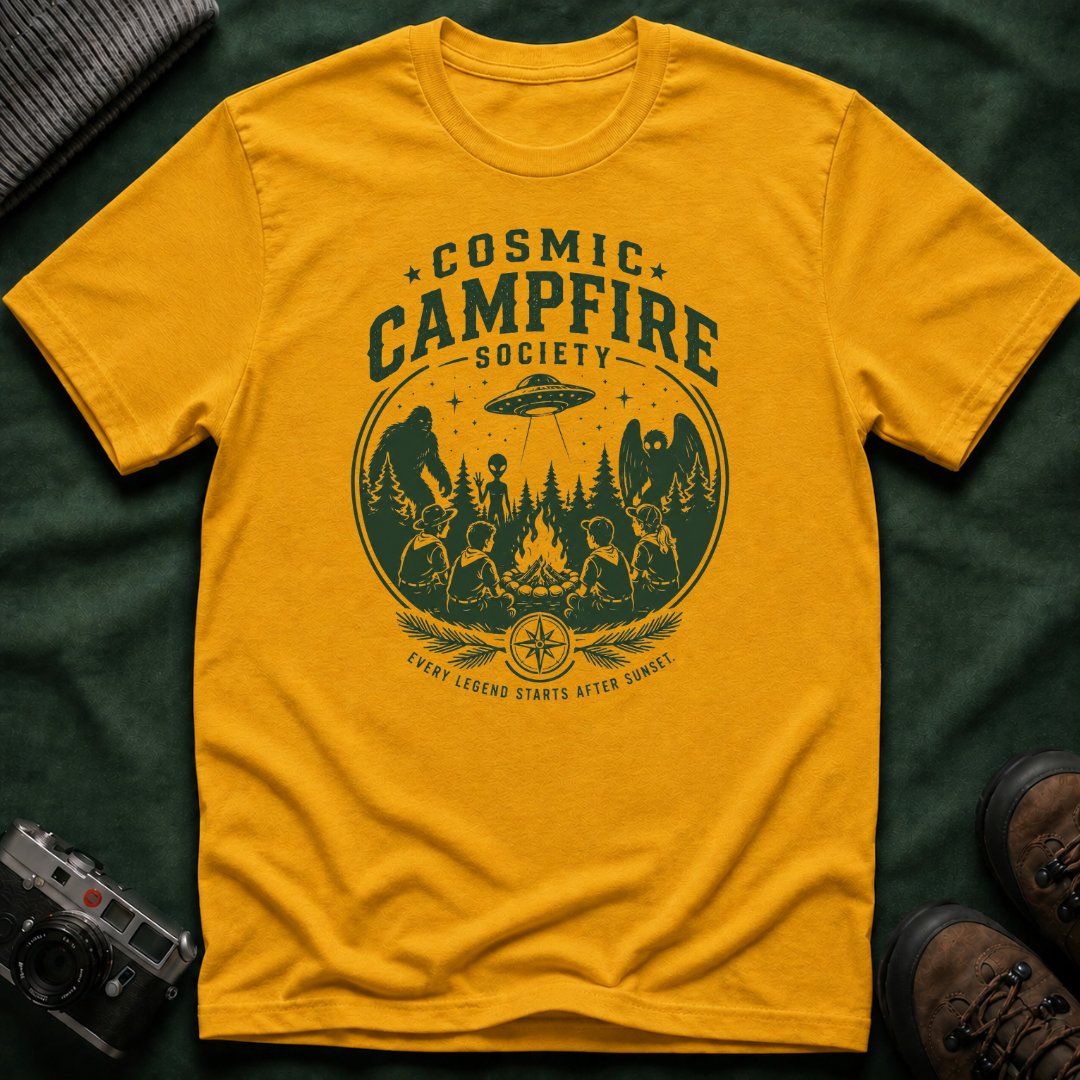 Cosmic Campfire Society T-Shirt — UFO & Forest Vintage Graphic Tee