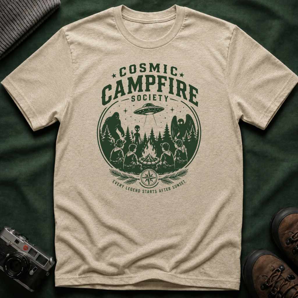 Cosmic Campfire Society T-Shirt — UFO & Forest Vintage Graphic Tee