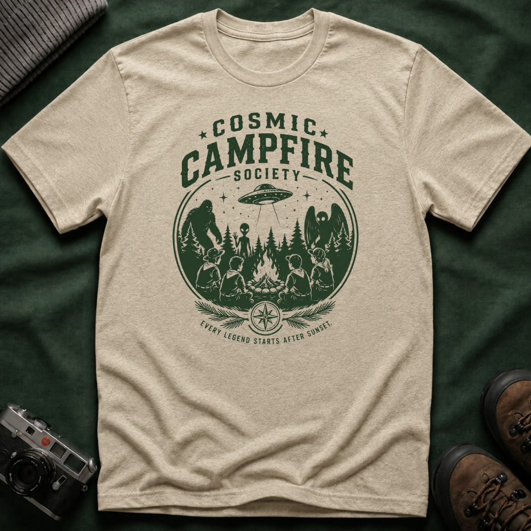 Cosmic Campfire Society T-Shirt — UFO & Forest Vintage Graphic Tee