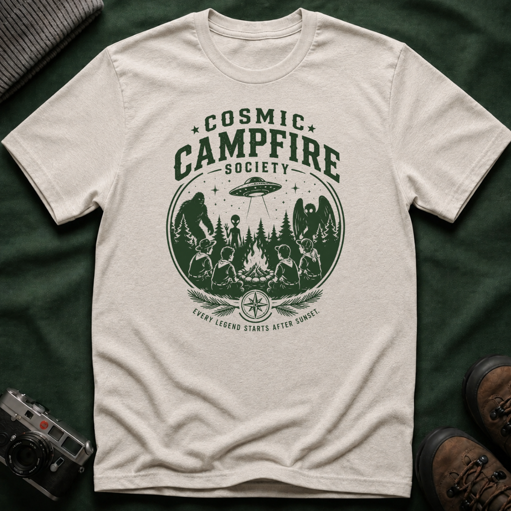 Cosmic Campfire Society T-Shirt — UFO & Forest Vintage Graphic Tee