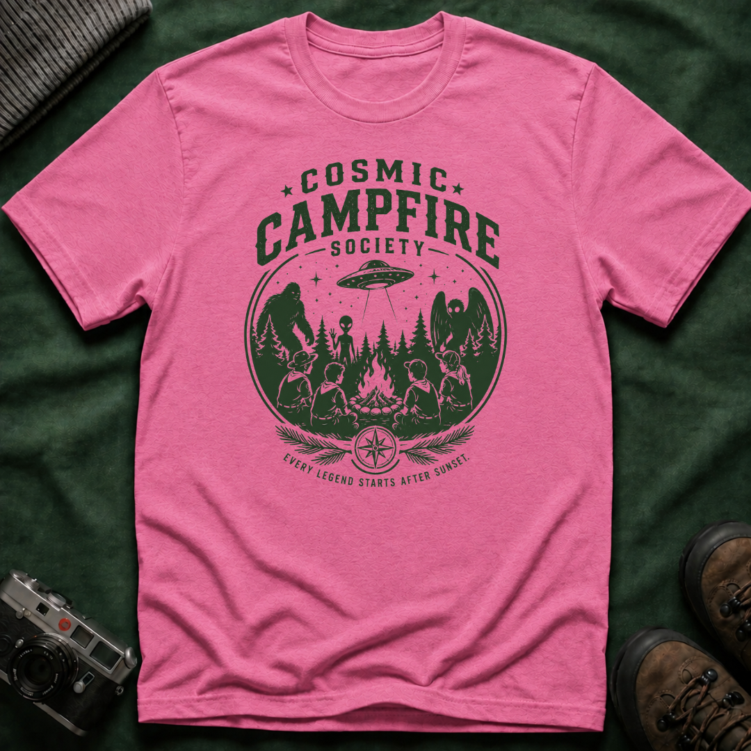 Cosmic Campfire Society T-Shirt — UFO & Forest Vintage Graphic Tee