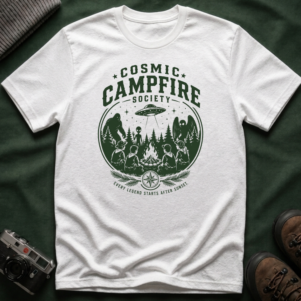 Cosmic Campfire Society T-Shirt — UFO & Forest Vintage Graphic Tee