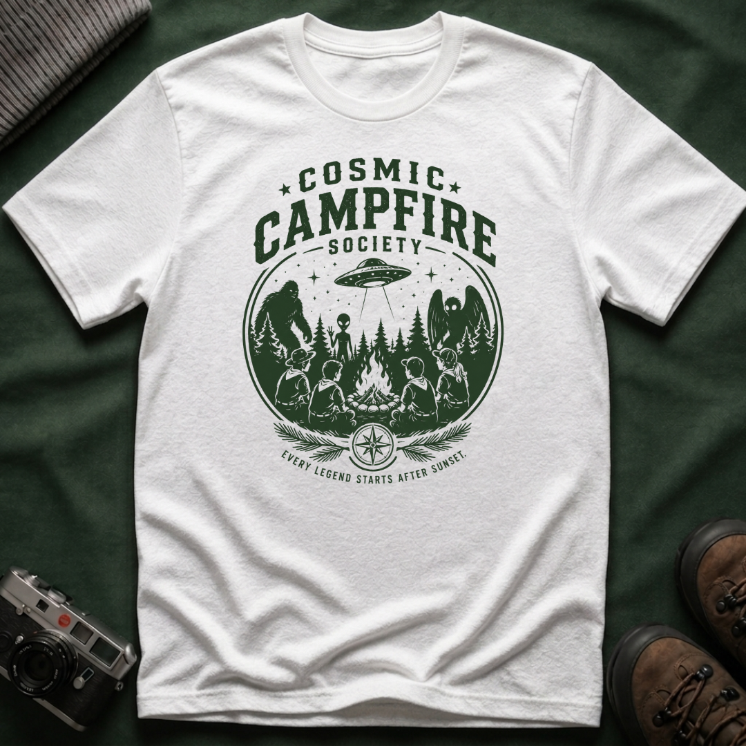 Cosmic Campfire Society T-Shirt — UFO & Forest Vintage Graphic Tee