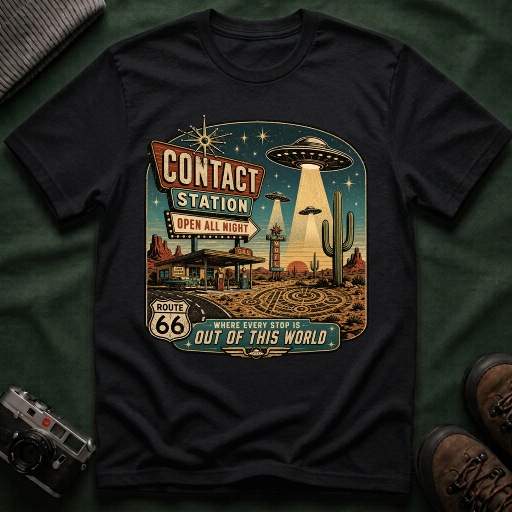 Contact Station T‑Shirt — Retro UFO Alien Abduction Vintage Sign Tee