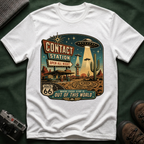 Contact Station T‑Shirt — Retro UFO Alien Abduction Vintage Sign Tee