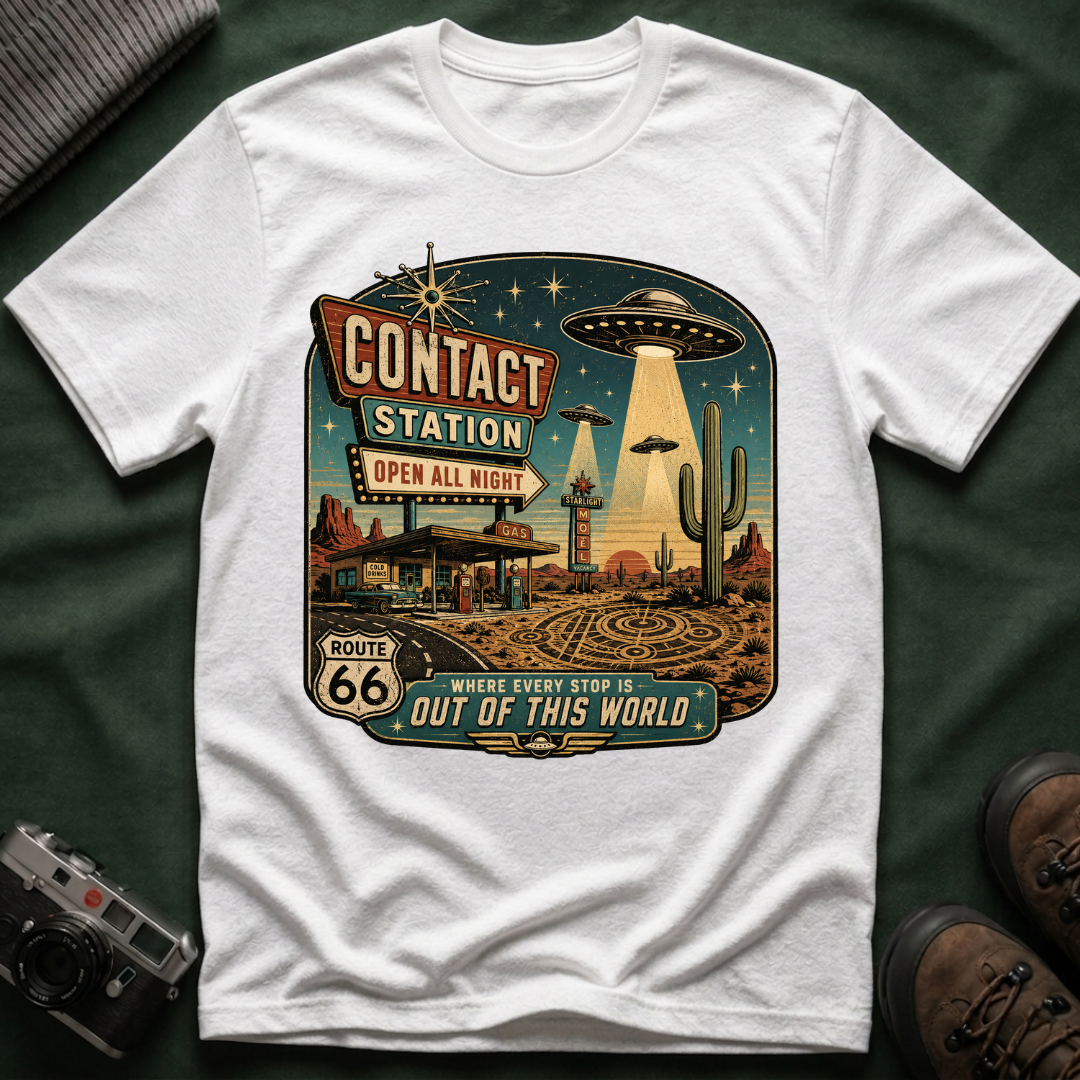 Contact Station T‑Shirt — Retro UFO Alien Abduction Vintage Sign Tee