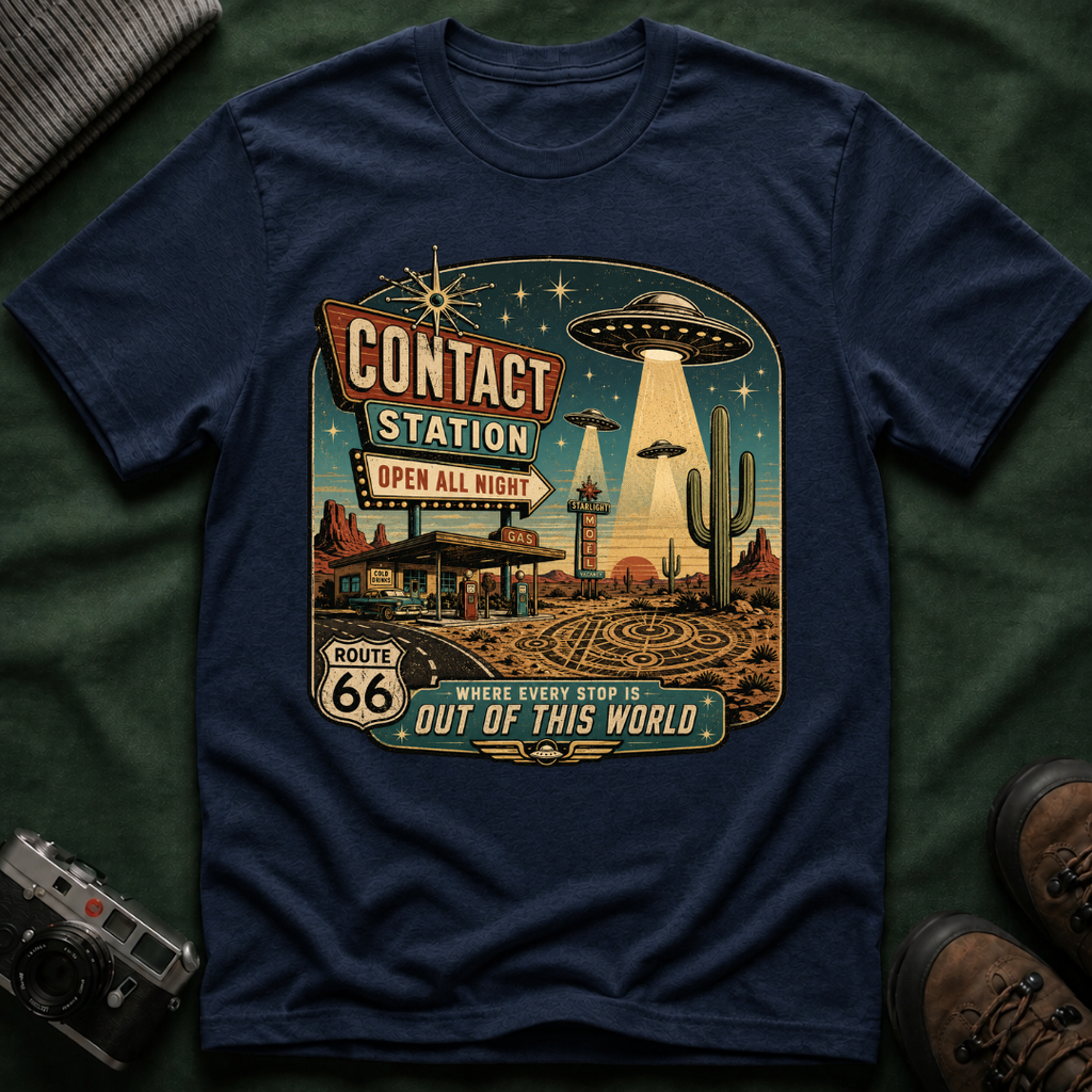 Contact Station T‑Shirt — Retro UFO Alien Abduction Vintage Sign Tee