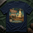 Contact Station T‑Shirt — Retro UFO Alien Abduction Vintage Sign Tee