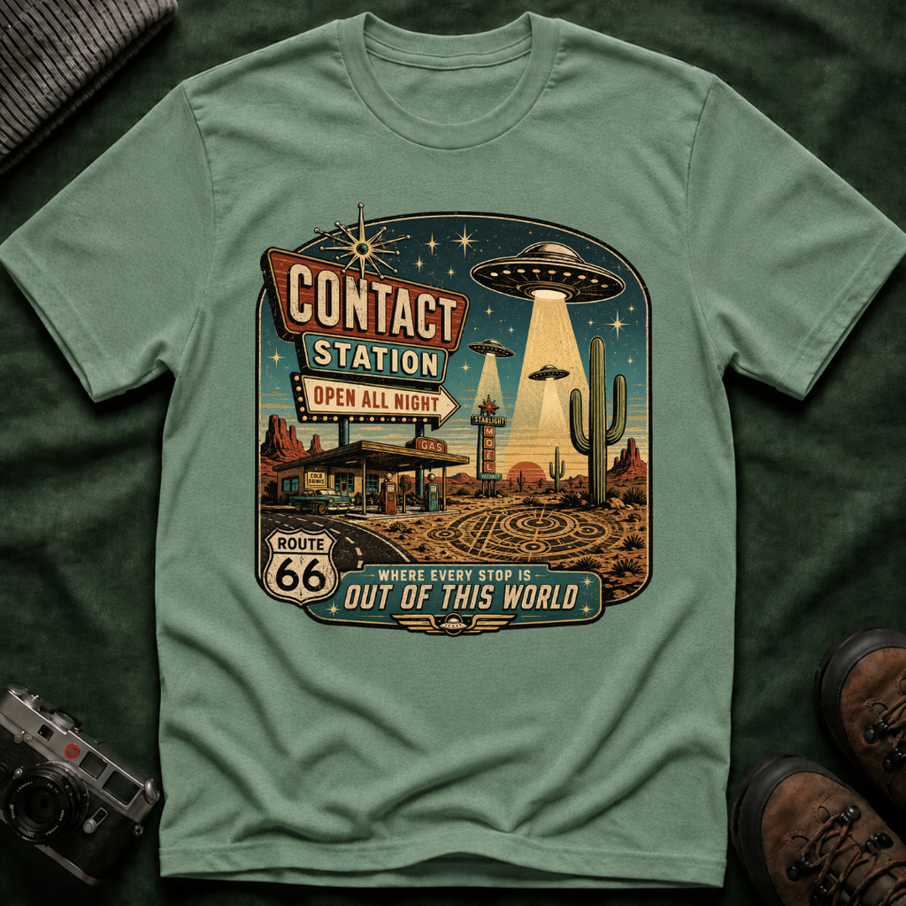 Contact Station T‑Shirt — Retro UFO Alien Abduction Vintage Sign Tee