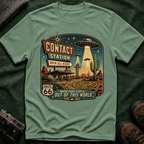 Contact Station T‑Shirt — Retro UFO Alien Abduction Vintage Sign Tee