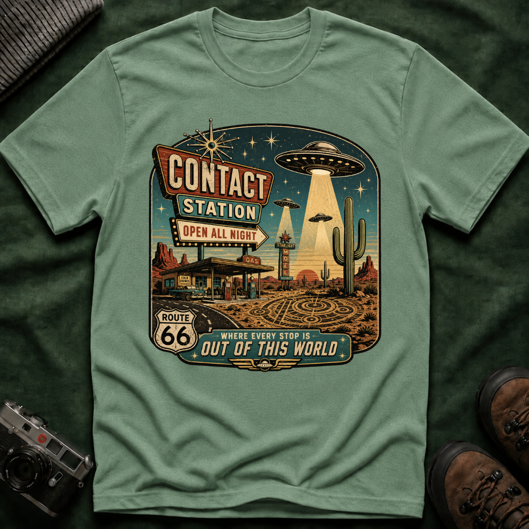 Contact Station T‑Shirt — Retro UFO Alien Abduction Vintage Sign Tee