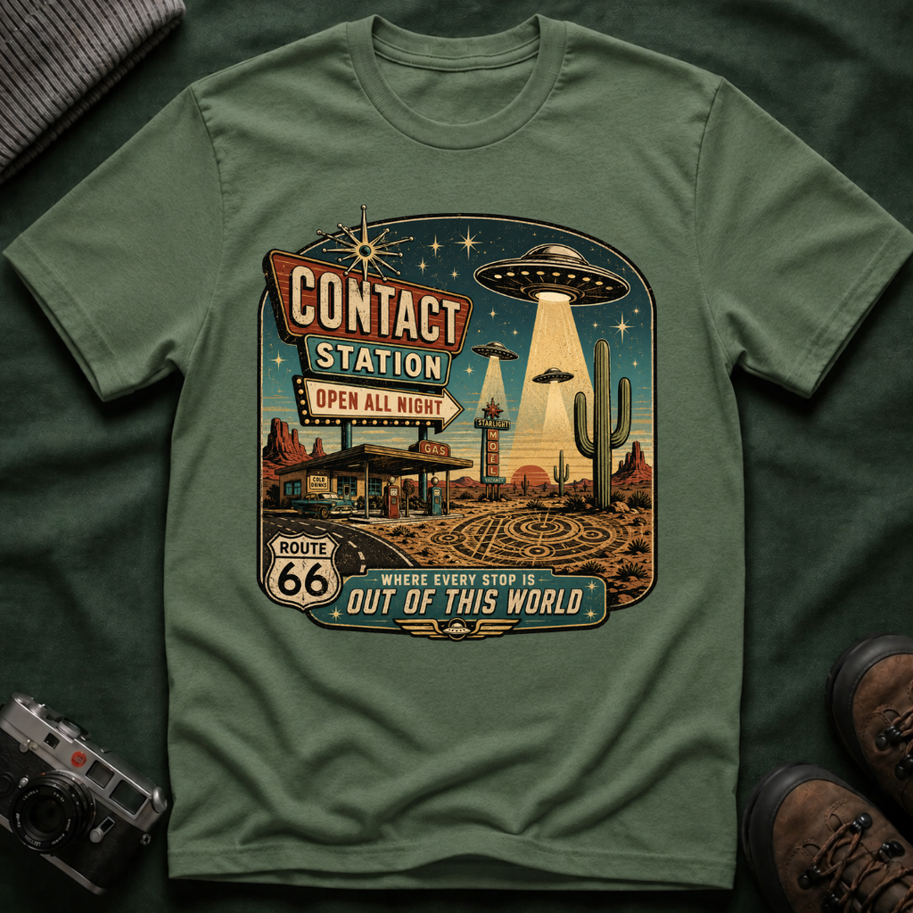 Contact Station T‑Shirt — Retro UFO Alien Abduction Vintage Sign Tee