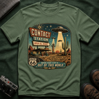 Contact Station T‑Shirt — Retro UFO Alien Abduction Vintage Sign Tee