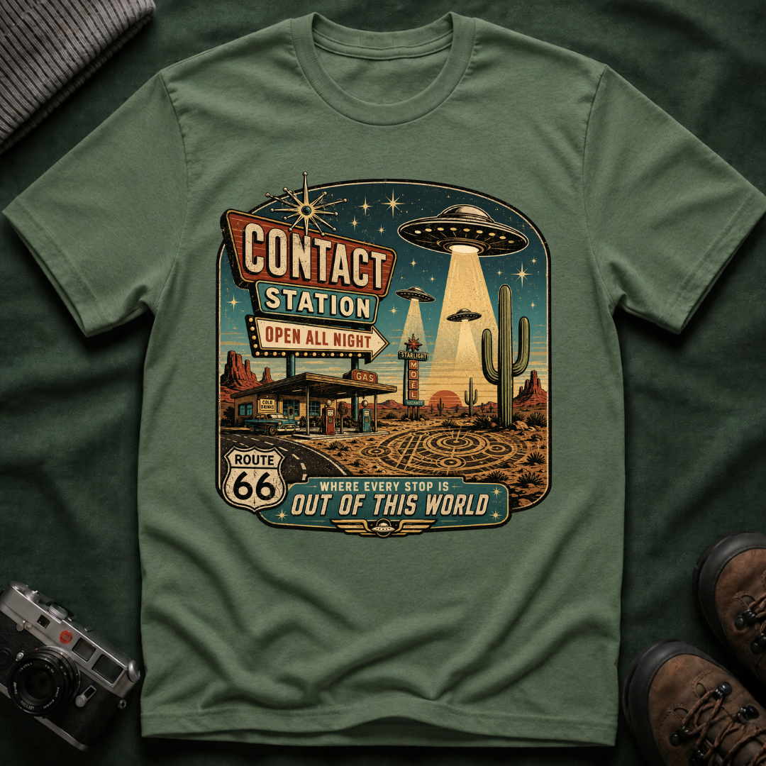 Contact Station T‑Shirt — Retro UFO Alien Abduction Vintage Sign Tee