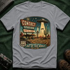 Contact Station T‑Shirt — Retro UFO Alien Abduction Vintage Sign Tee