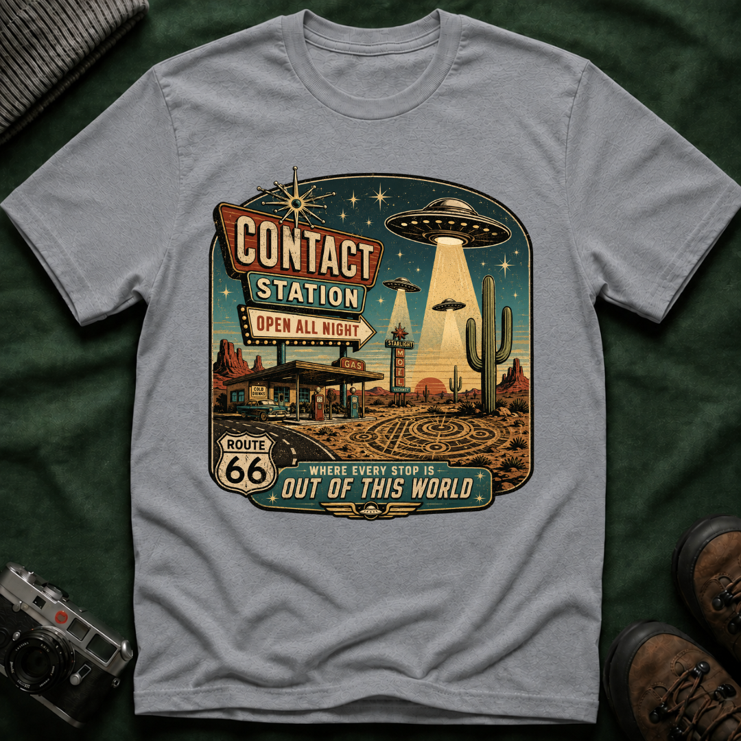 Contact Station T‑Shirt — Retro UFO Alien Abduction Vintage Sign Tee