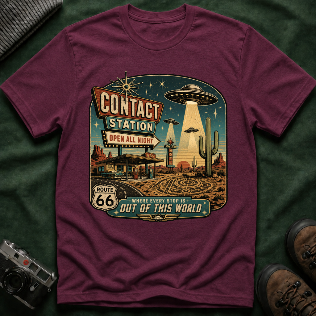 Contact Station T‑Shirt — Retro UFO Alien Abduction Vintage Sign Tee