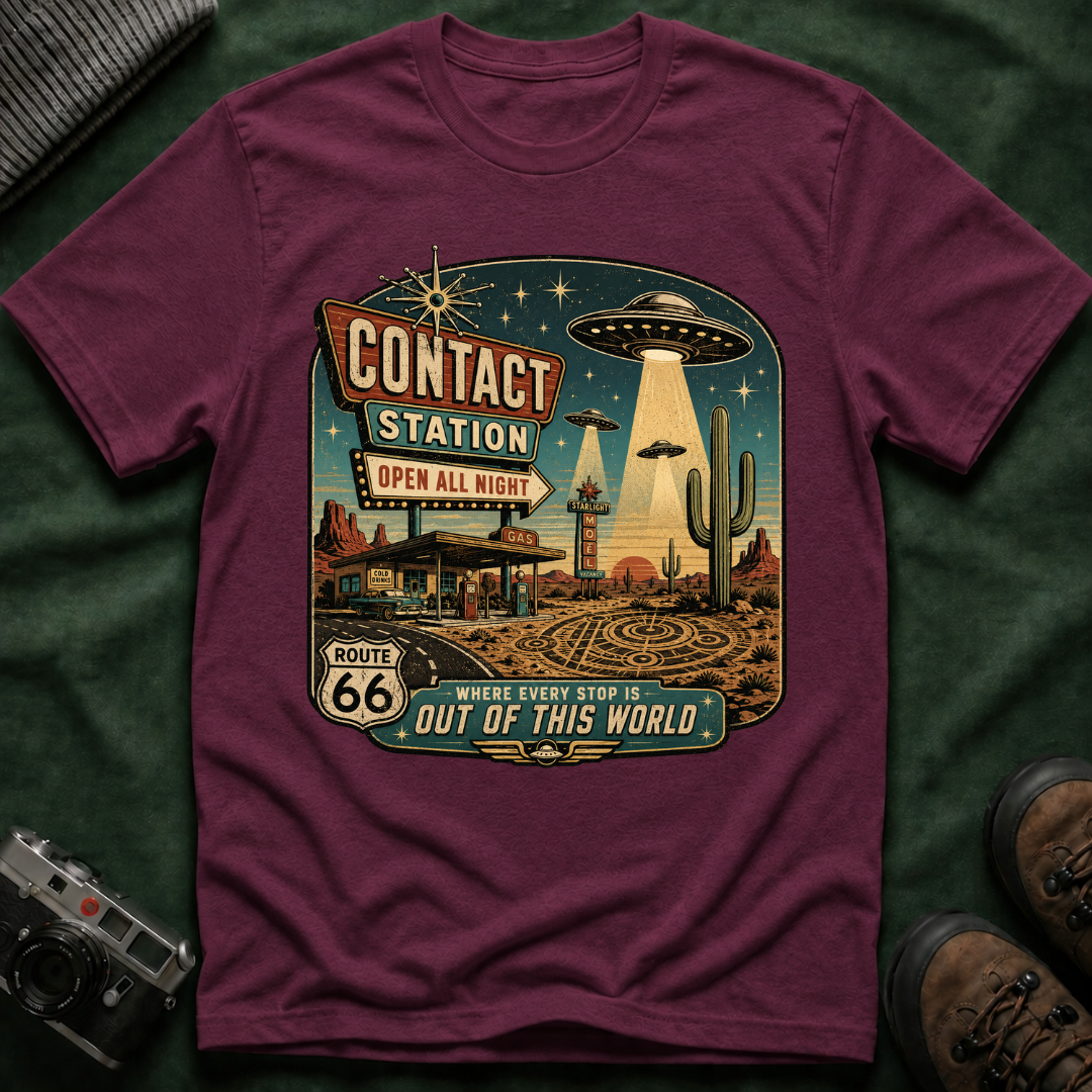 Contact Station T‑Shirt — Retro UFO Alien Abduction Vintage Sign Tee