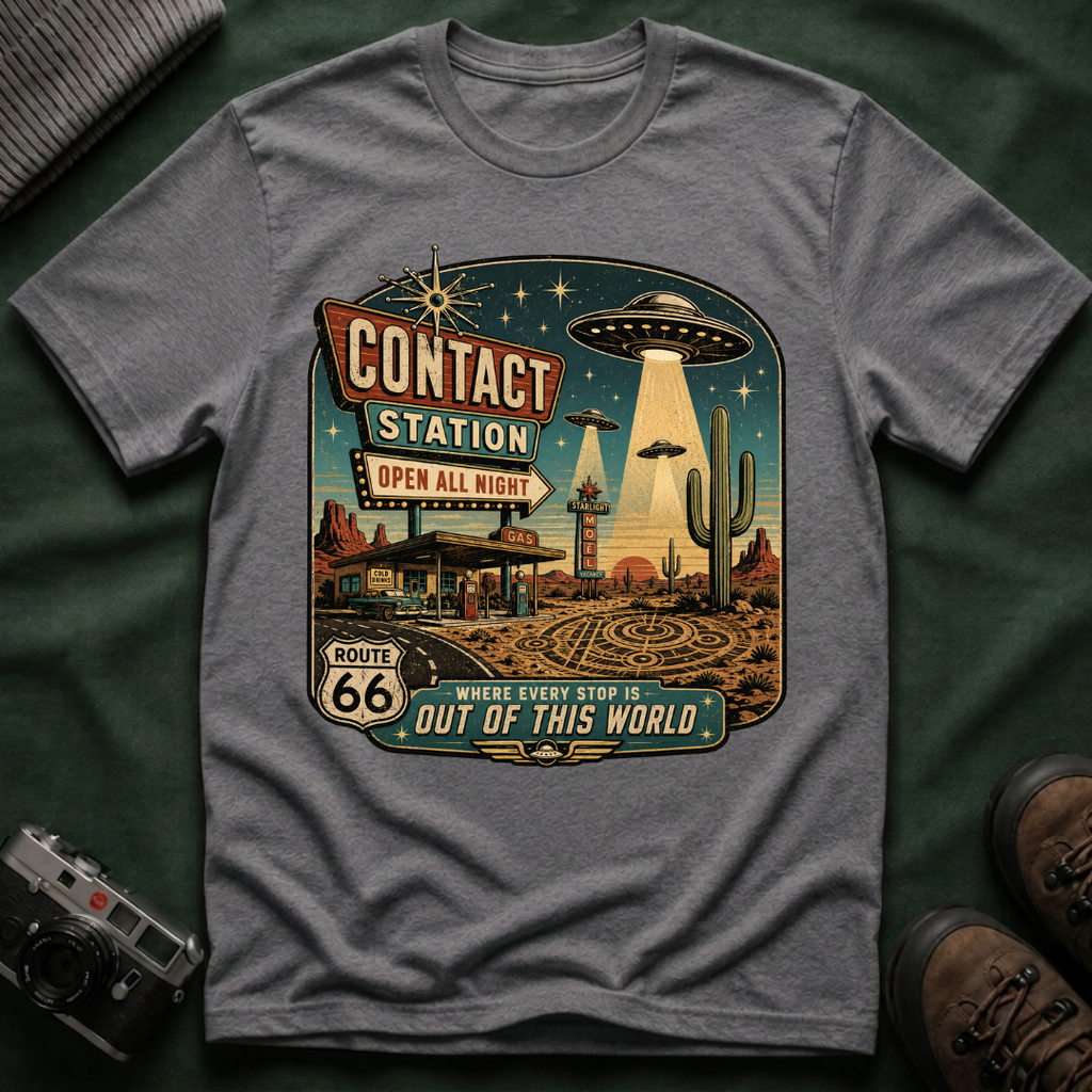 Contact Station T‑Shirt — Retro UFO Alien Abduction Vintage Sign Tee