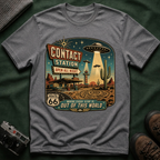 Contact Station T‑Shirt — Retro UFO Alien Abduction Vintage Sign Tee