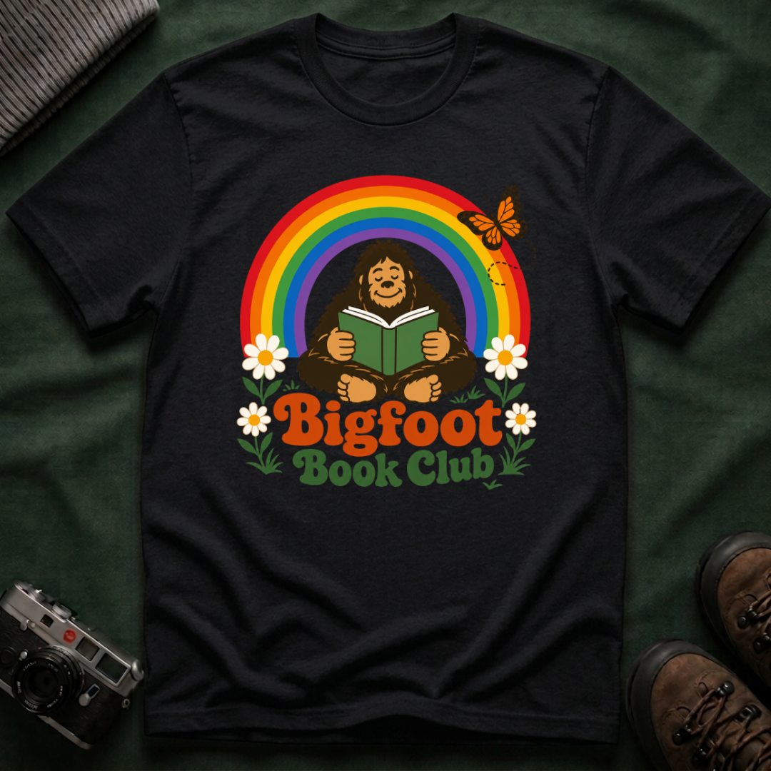 Bigfoot Book Club T-Shirt — Rainbow Reading Sasquatch Tee