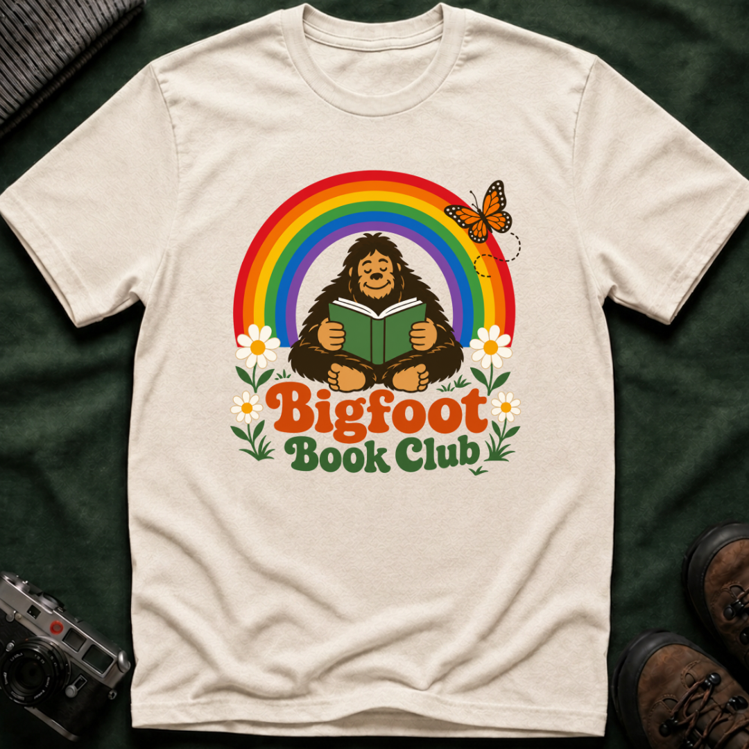 Bigfoot Book Club T-Shirt — Rainbow Reading Sasquatch Tee