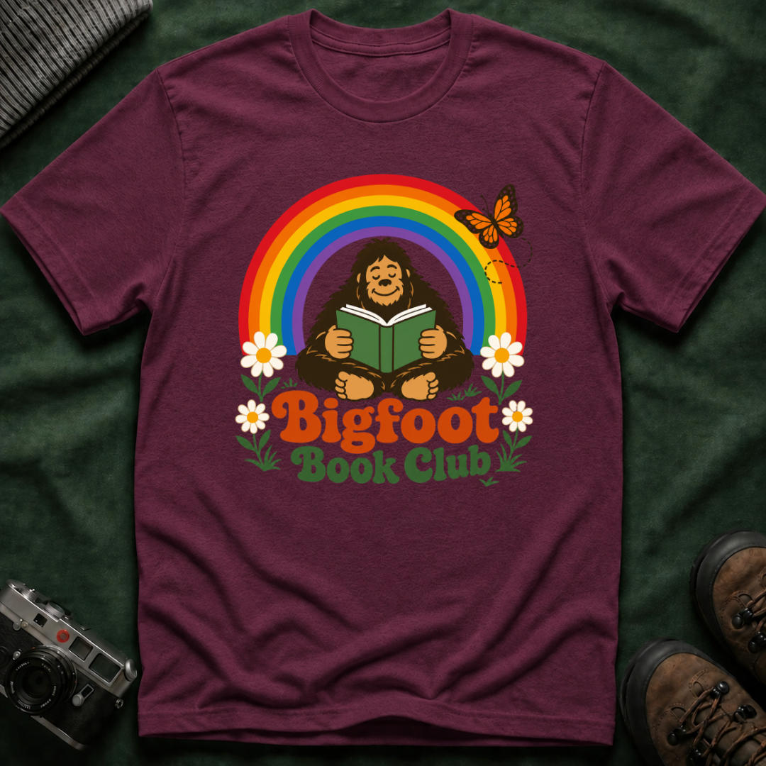 Bigfoot Book Club T-Shirt — Rainbow Reading Sasquatch Tee