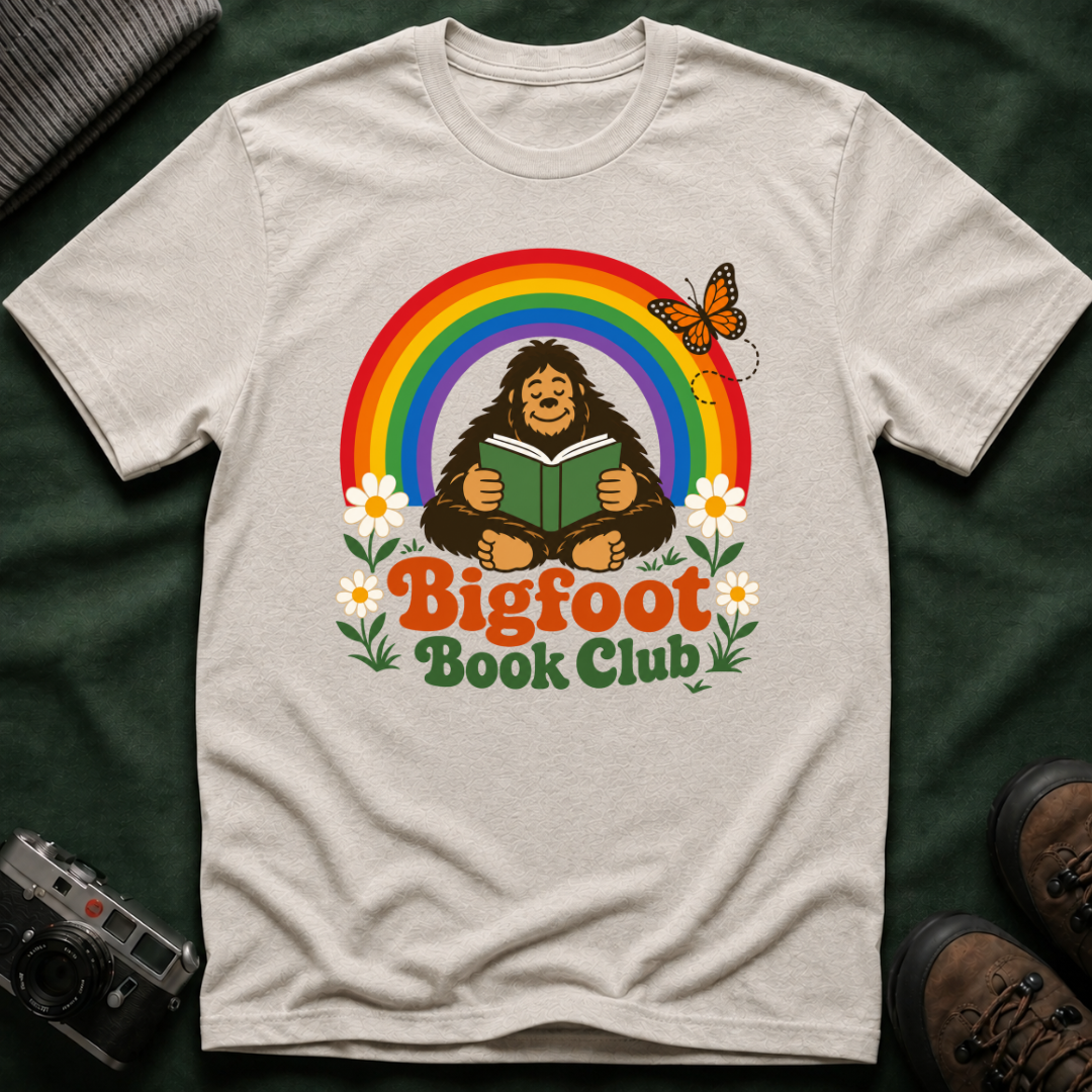 Bigfoot Book Club T-Shirt — Rainbow Reading Sasquatch Tee