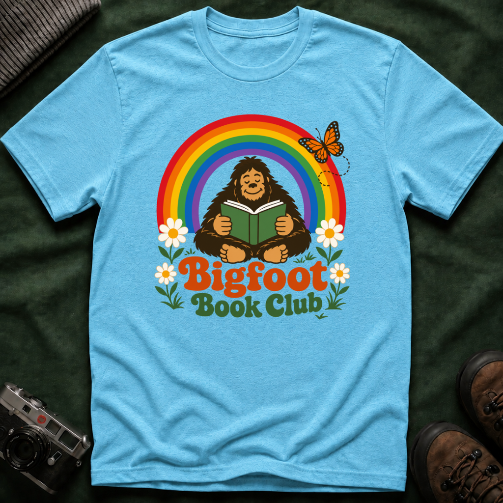 Bigfoot Book Club T-Shirt — Rainbow Reading Sasquatch Tee