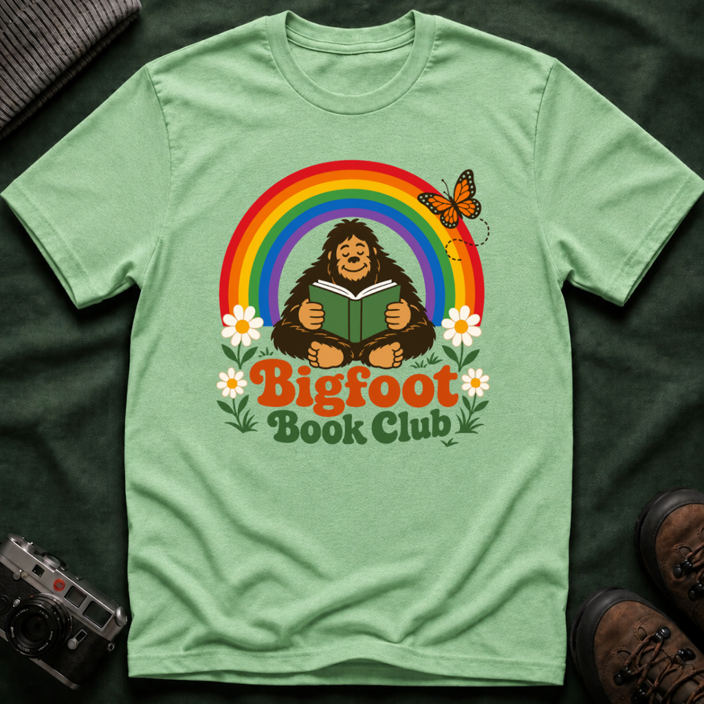 Bigfoot Book Club T-Shirt — Rainbow Reading Sasquatch Tee