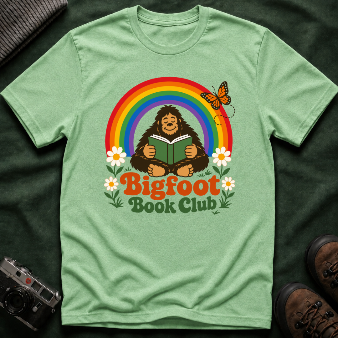 Bigfoot Book Club T-Shirt — Rainbow Reading Sasquatch Tee