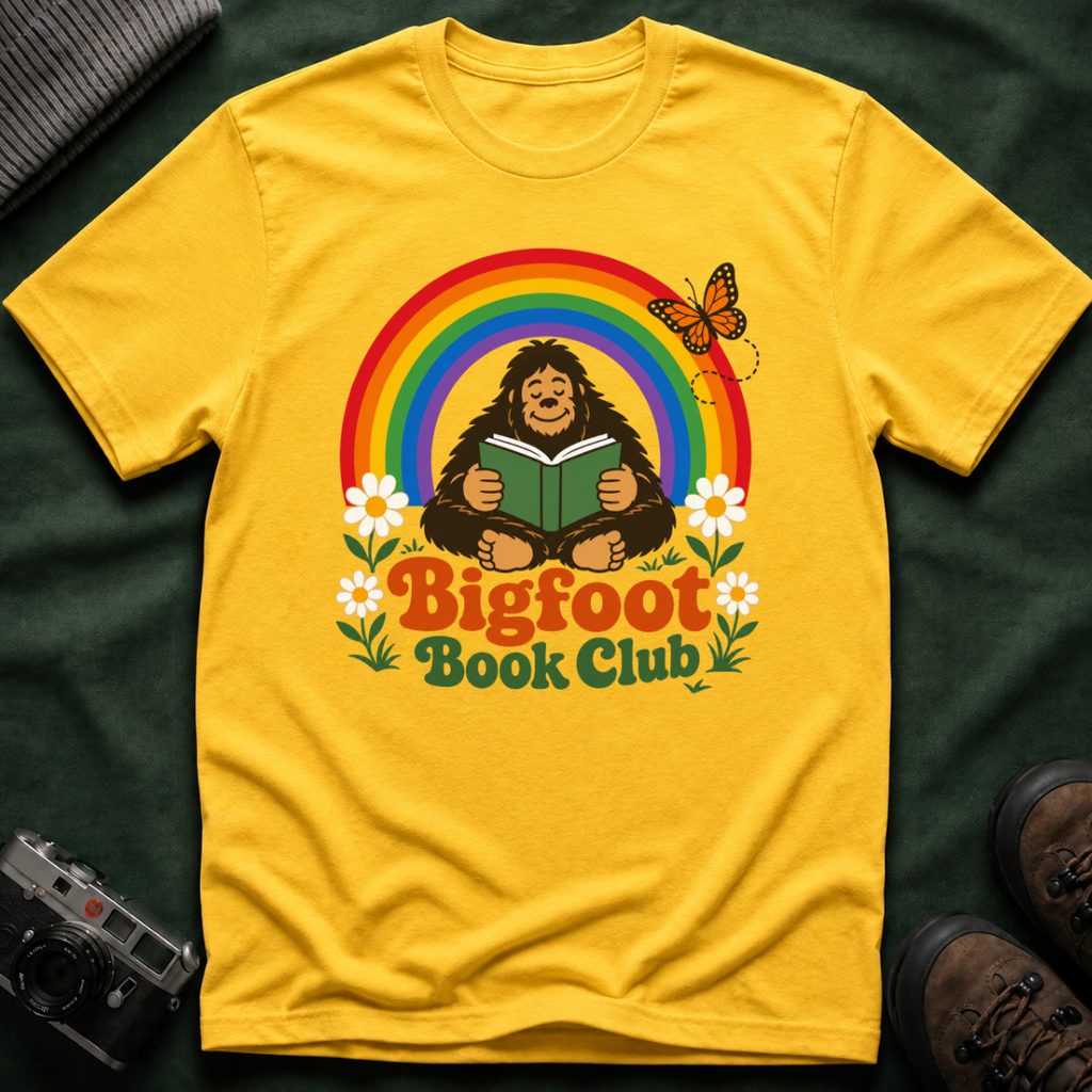 Bigfoot Book Club T-Shirt — Rainbow Reading Sasquatch Tee
