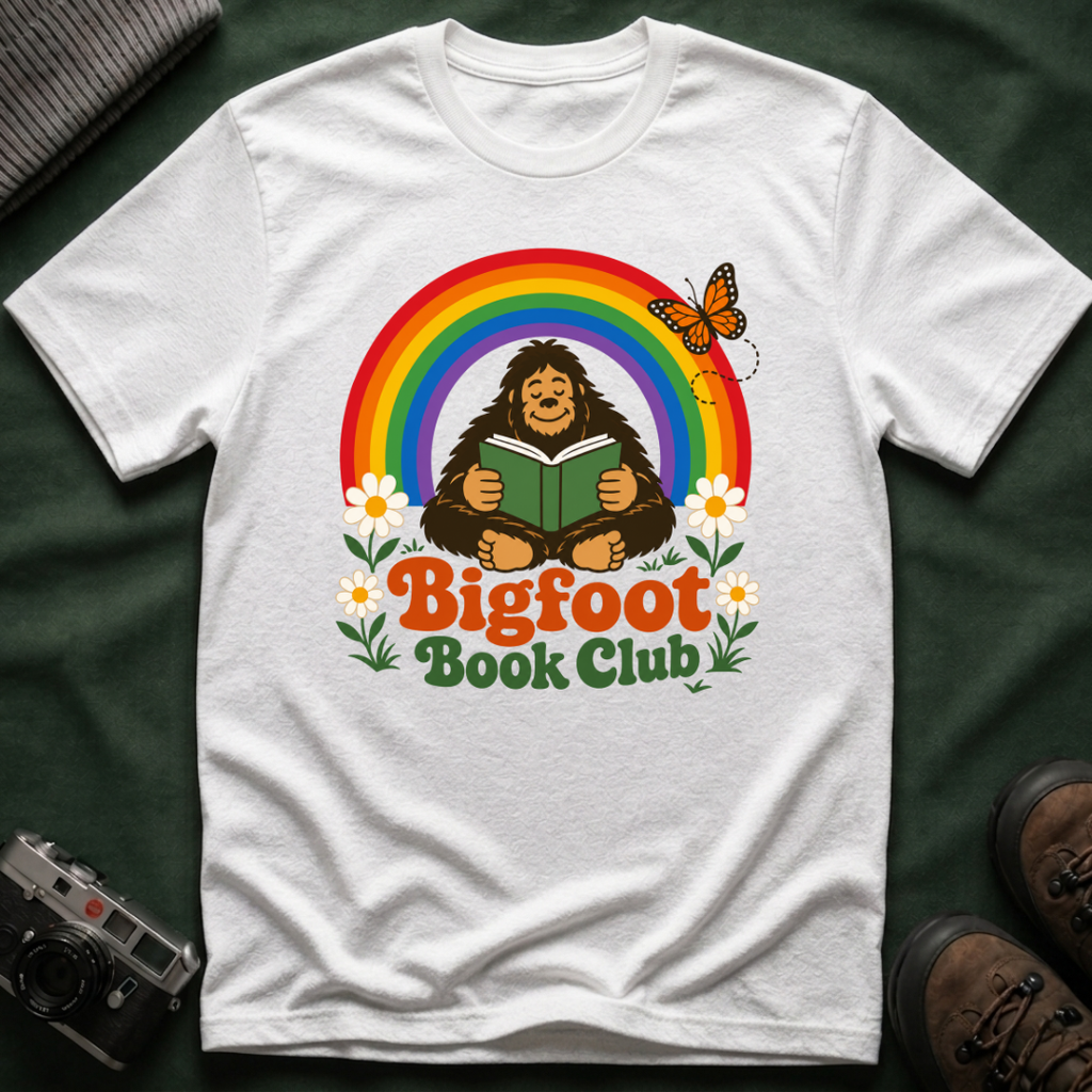 Bigfoot Book Club T-Shirt — Rainbow Reading Sasquatch Tee