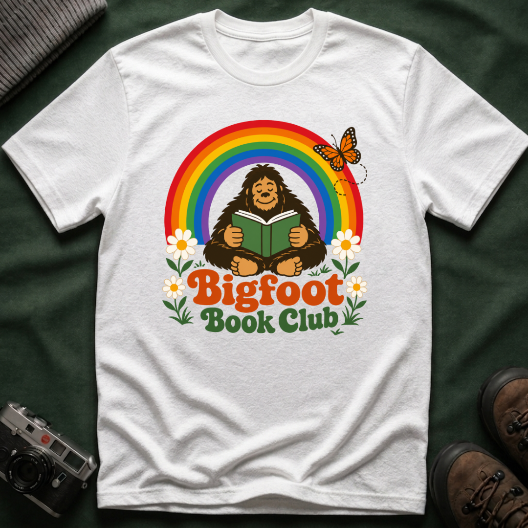 Bigfoot Book Club T-Shirt — Rainbow Reading Sasquatch Tee