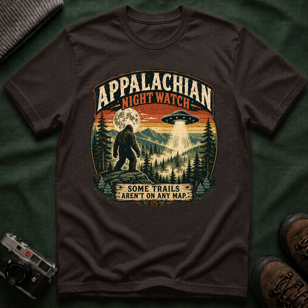 Appalachian Night Watch T-Shirt — Sasquatch UFO Retro Outdoor Tee