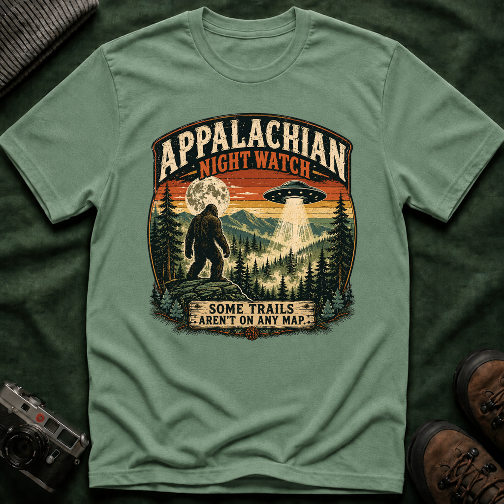 Appalachian Night Watch T-Shirt — Sasquatch UFO Retro Outdoor Tee