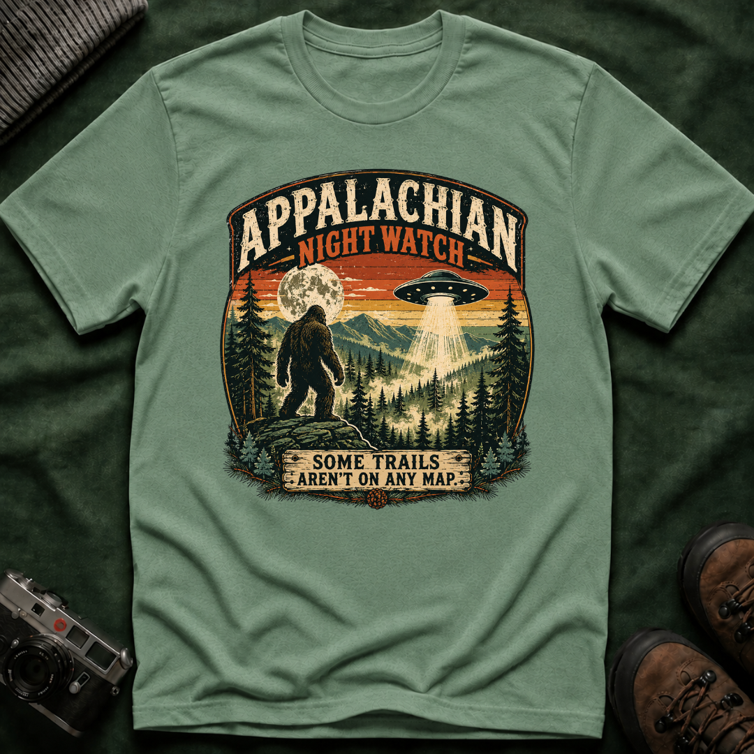 Appalachian Night Watch T-Shirt — Sasquatch UFO Retro Outdoor Tee