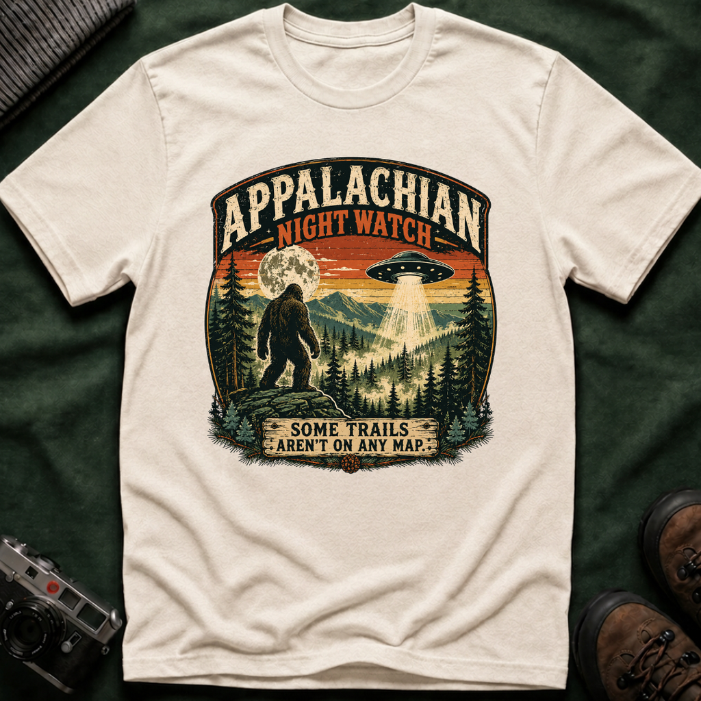 Appalachian Night Watch T-Shirt — Sasquatch UFO Retro Outdoor Tee