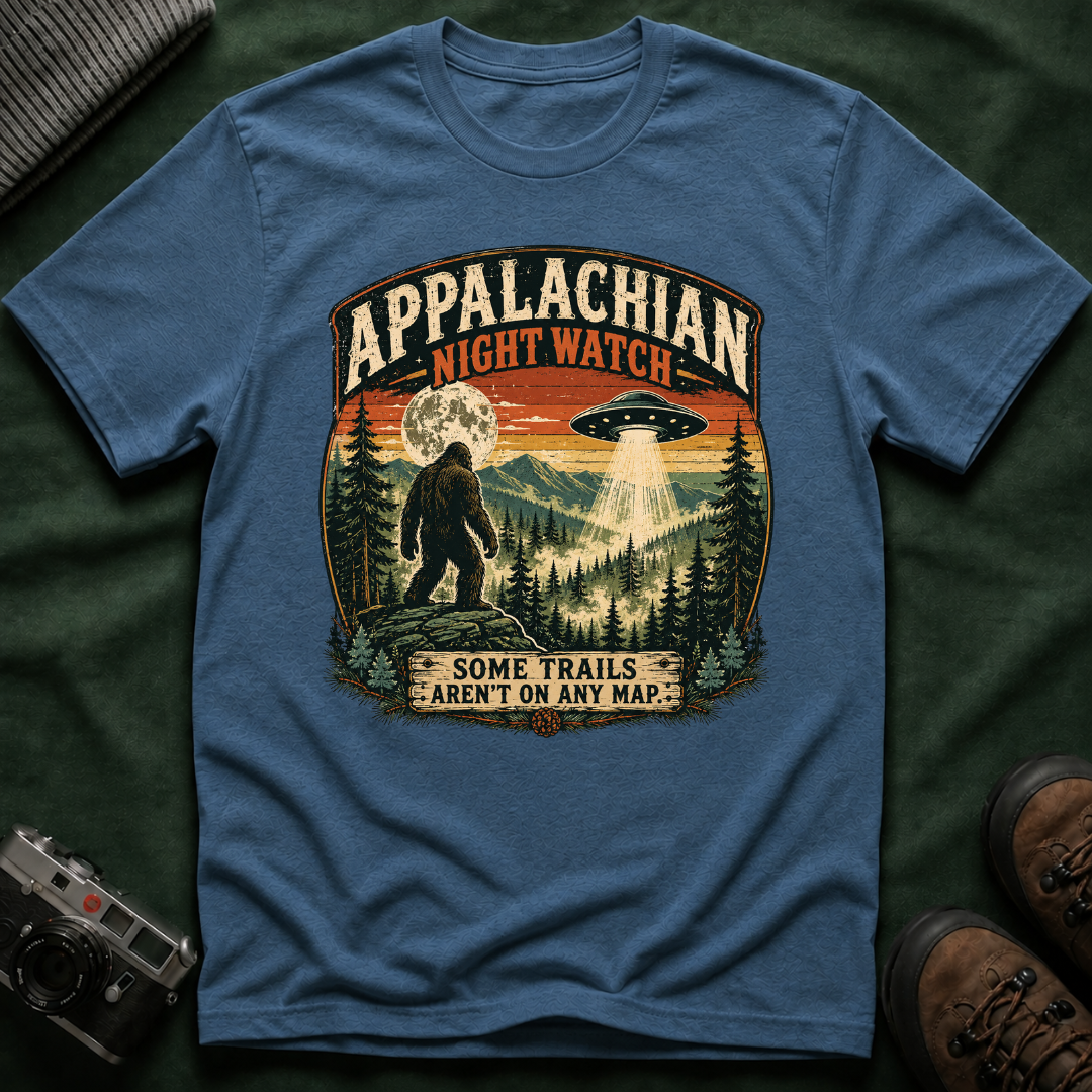 Appalachian Night Watch T-Shirt — Sasquatch UFO Retro Outdoor Tee