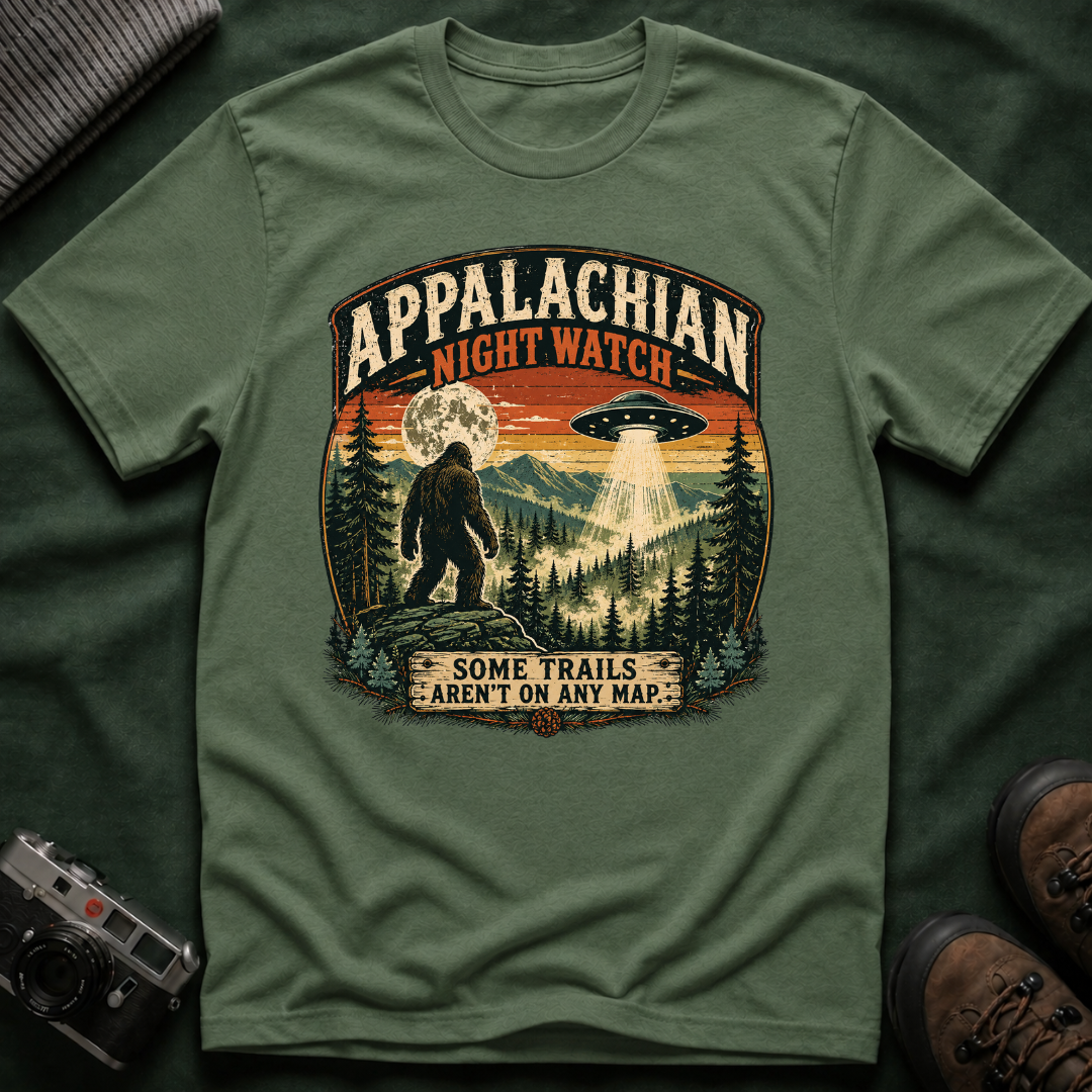Appalachian Night Watch T-Shirt — Sasquatch UFO Retro Outdoor Tee