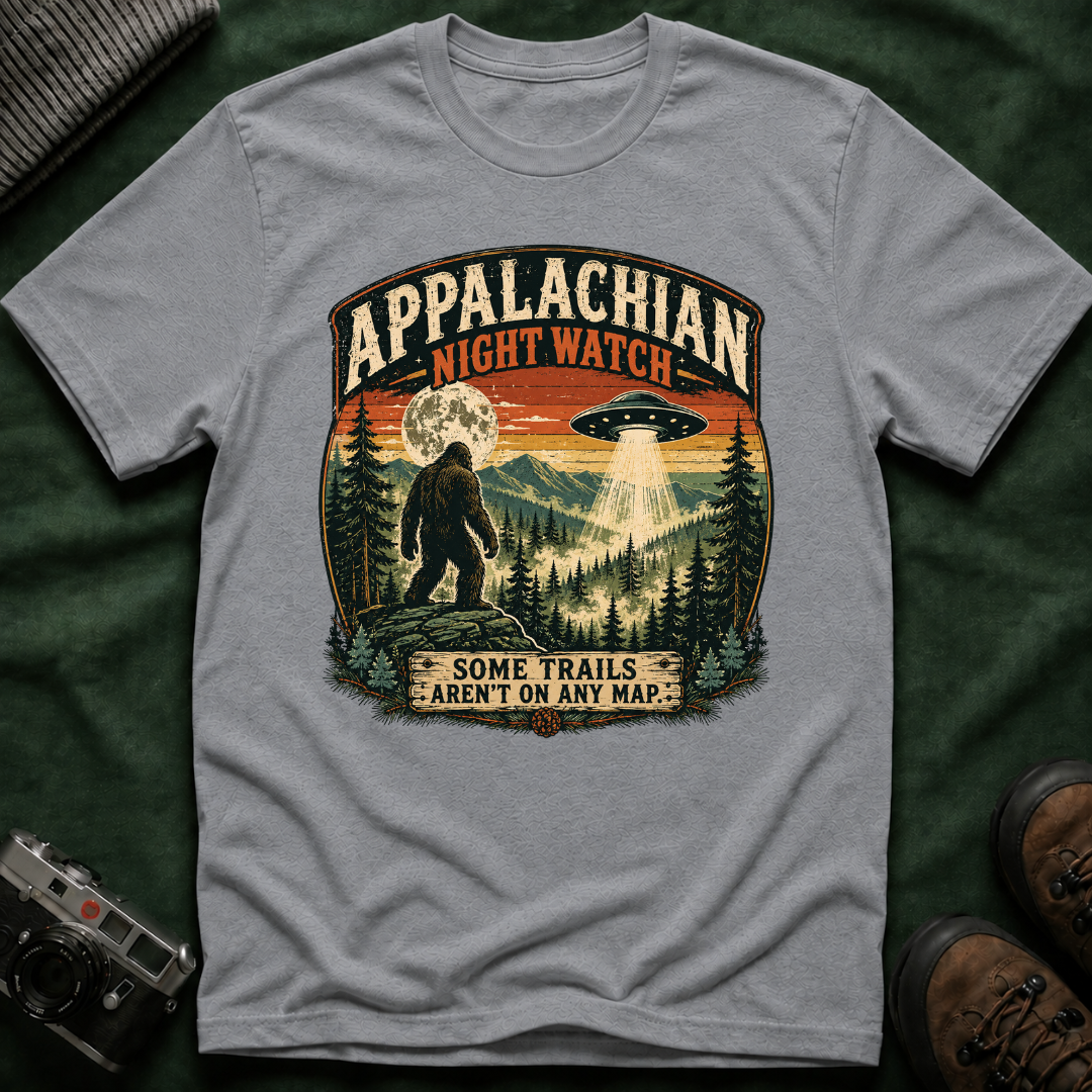 Appalachian Night Watch T-Shirt — Sasquatch UFO Retro Outdoor Tee