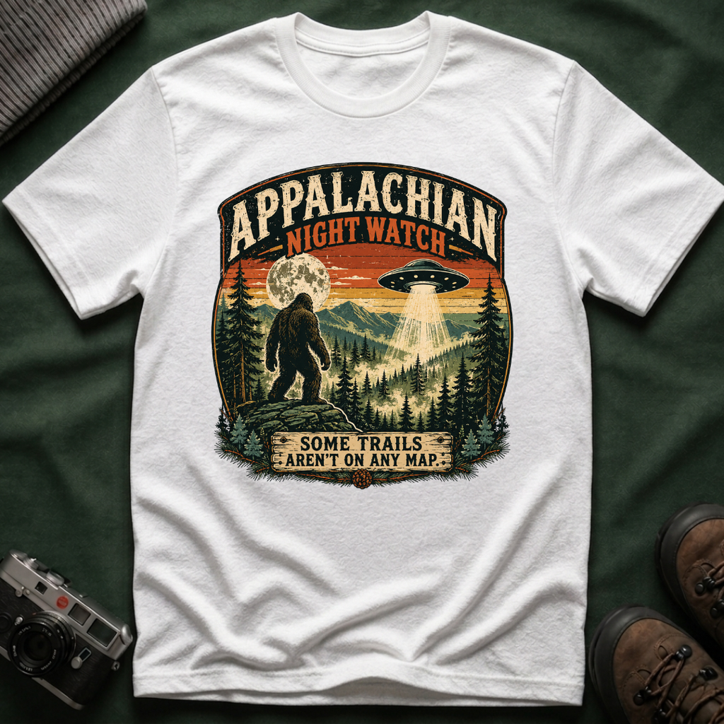 Appalachian Night Watch T-Shirt — Sasquatch UFO Retro Outdoor Tee