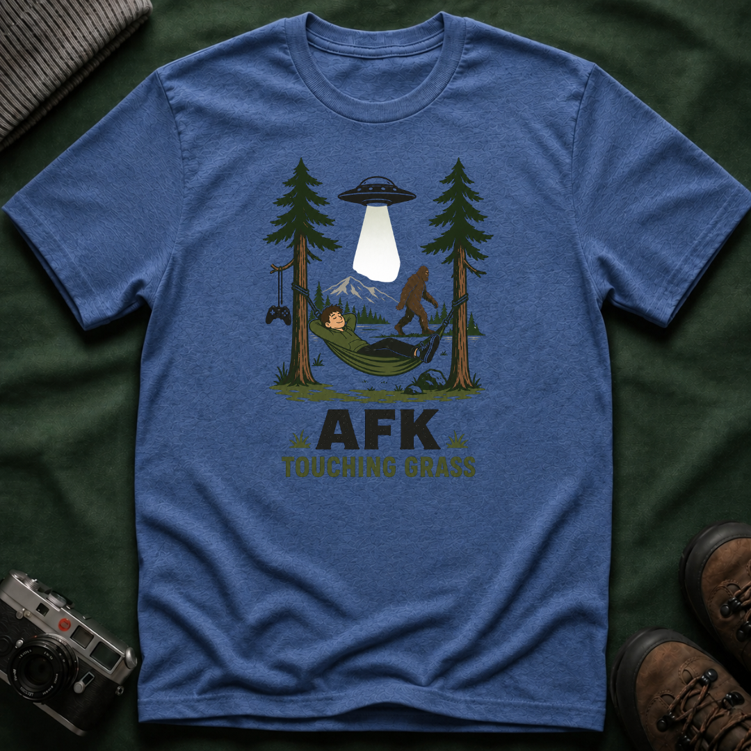 AFK Touching Grass T-Shirt — Gaming Nature Tee with Bigfoot & UFO