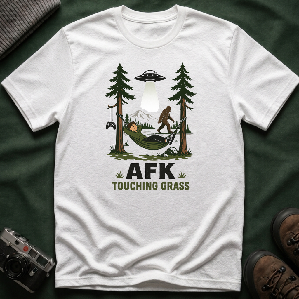 AFK Touching Grass T-Shirt — Gaming Nature Tee with Bigfoot & UFO