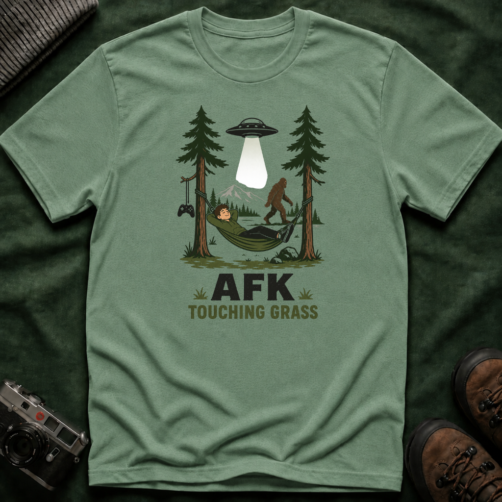 AFK Touching Grass T-Shirt — Gaming Nature Tee with Bigfoot & UFO