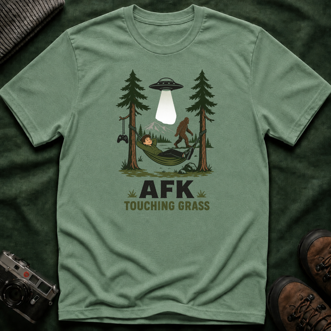 AFK Touching Grass T-Shirt — Gaming Nature Tee with Bigfoot & UFO