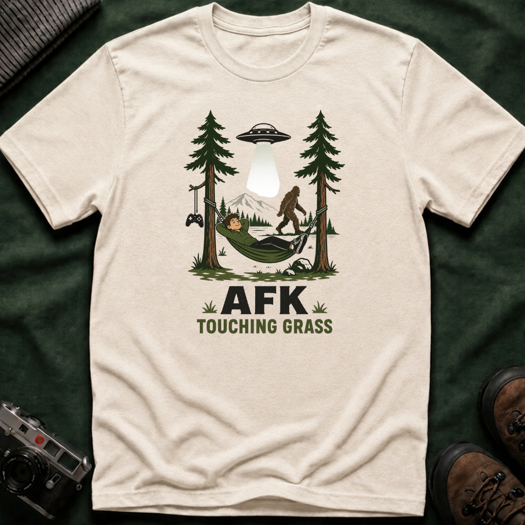 AFK Touching Grass T-Shirt — Gaming Nature Tee with Bigfoot & UFO