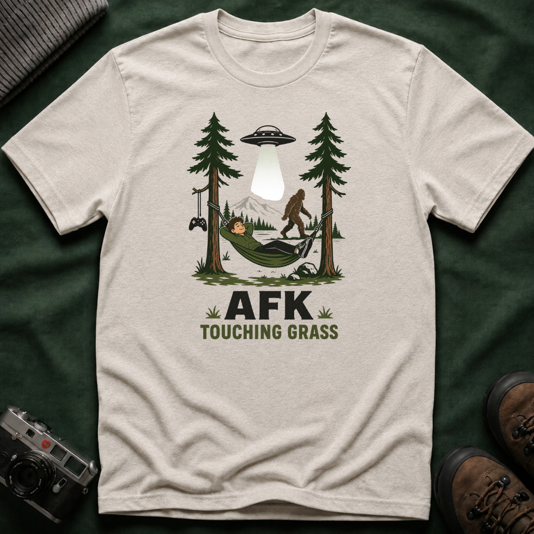 AFK Touching Grass T-Shirt — Gaming Nature Tee with Bigfoot & UFO