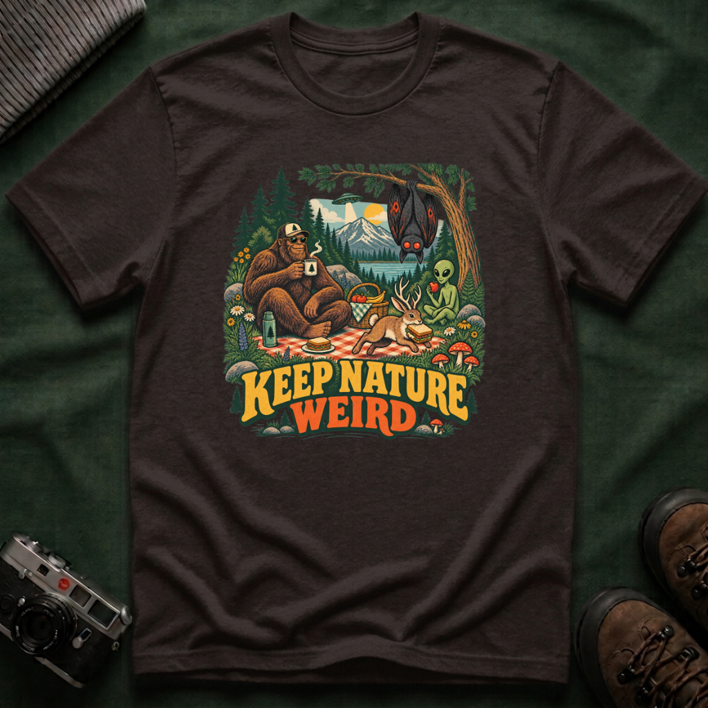 Cryptid Picnic T-Shirt — 'Keep Nature Weird' Bigfoot & Alien Camping Graphic Tee