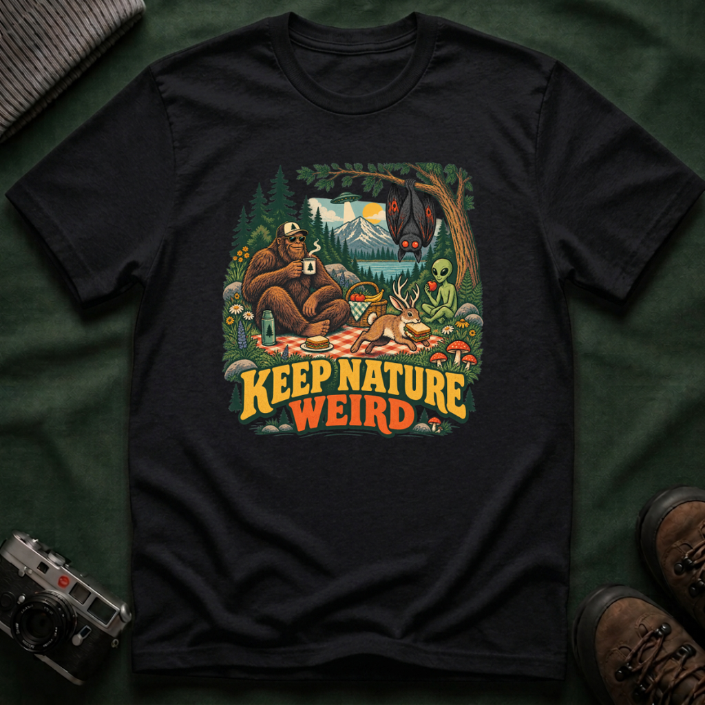 Cryptid Picnic T-Shirt — 'Keep Nature Weird' Bigfoot & Alien Camping Graphic Tee